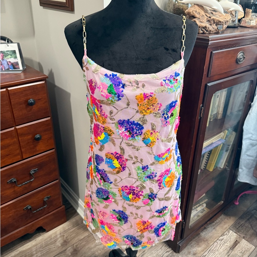 Colorful Floral Sequin Dress with Chain Straps